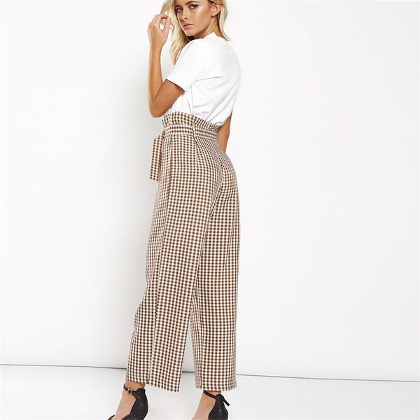 

women's pants & capris high plaid wide leg women summer beach waist trousers chic streetwear sash casual female, Black;white