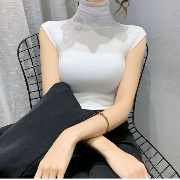 Nova primavera verão feminina gola rolê sem manga túnica bodycon t-shirt de algodão colete tops elásticos tamanho grande SMLXLXXL