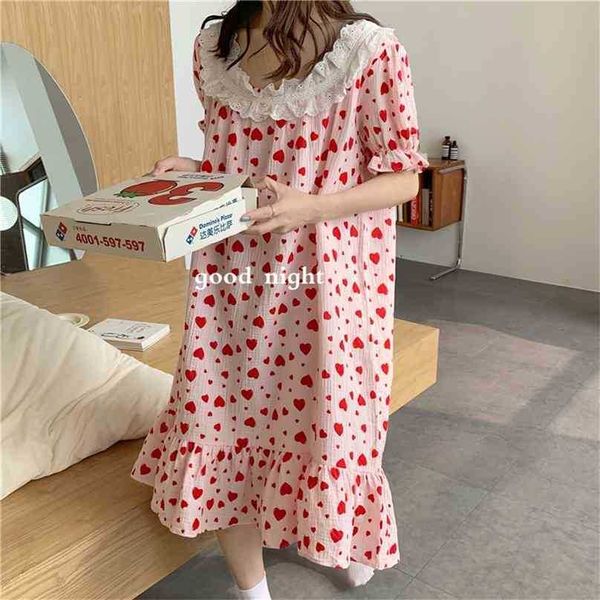 Женщины Nightdress Комфортабельные с коротким рукавом Урожай сердца Печатные пижамы Chic Cotton Fashion Pajamas платье 210525