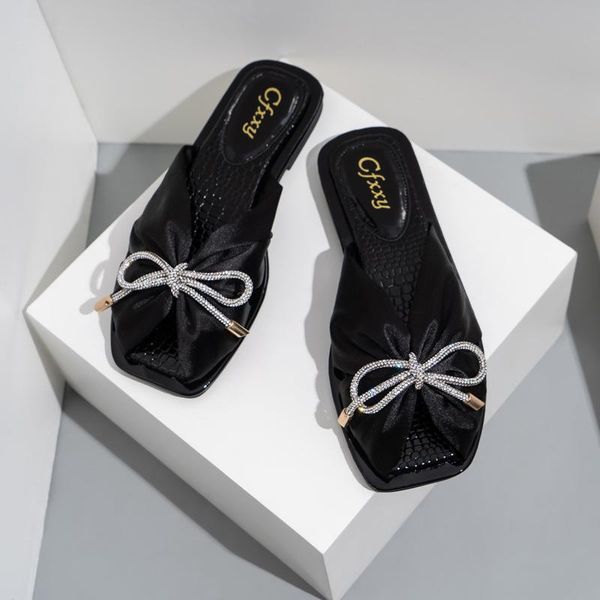 

summer fashion stone pattern ladies home slippers bling bowknot lace casual comfortable flat sandals women outdoor, Black