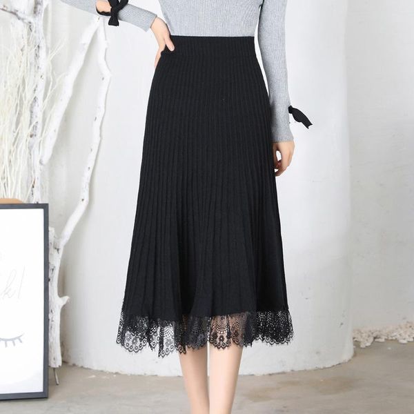 

skirts 2021 autumn winter lace stitching knit a line skirt women korean fashion elastic high waist package hip pleated black