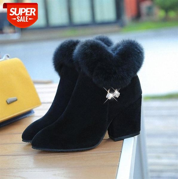 

women's short boots pointed thick heel fashion rhinestone rabbit fur warmth large size 41-43 martin women #z39v