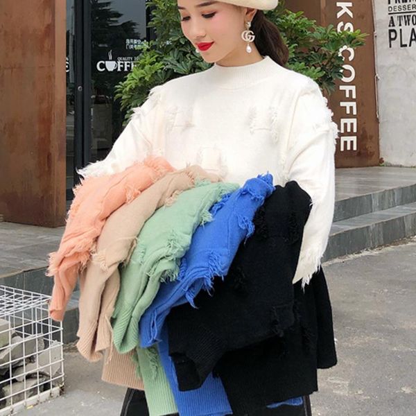 

women's sweaters 2021 fashion o-neck sweater women knitted tassel loose long sleeve casual, White;black