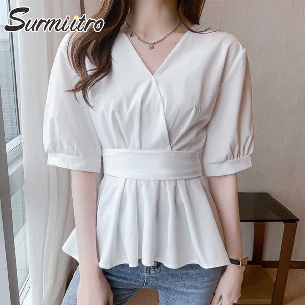 

surmiitro fashion summer blouse women short sleeve korean style white chiffon tunic lace up feminine shirt female 210712