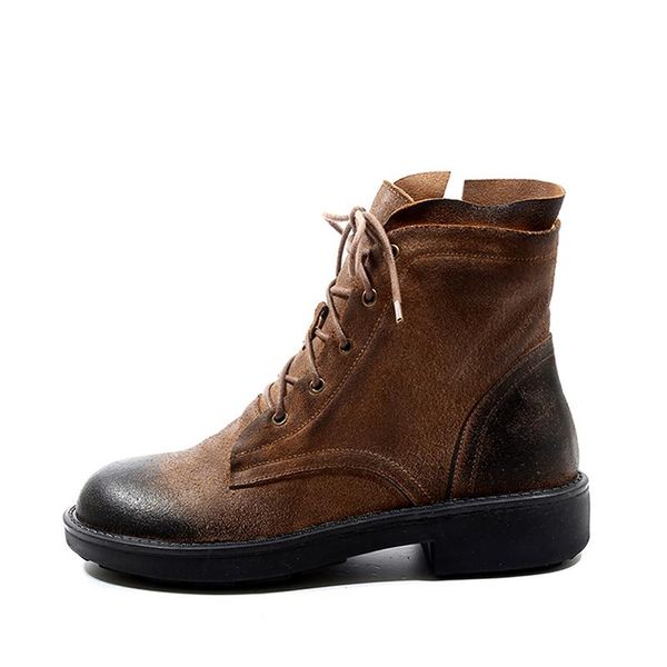 

boots vintage leather ladies biker with rounded head and thick soles spring/autumn 2021 winter side zipper lacing nude, Black