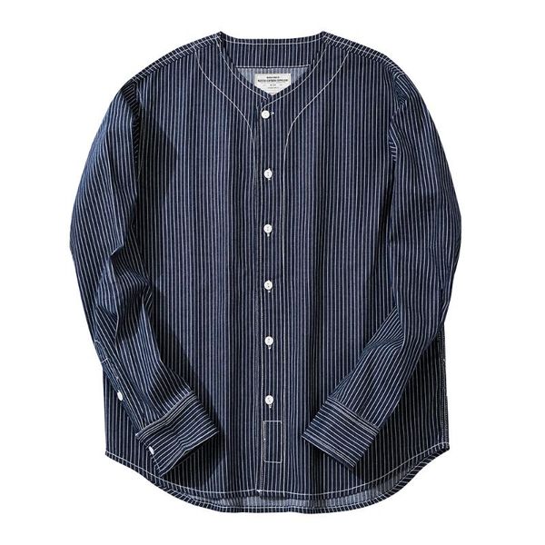 

men's casual shirts vertical stripes denim long sleeved shirt mens amekaji loose vintage striped men, White;black