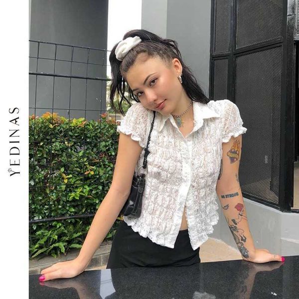 Yedinas Lace Branco Camisas Mulheres Girl-Down Collar Curto Buff Manga Vintage Tops Verão Único Breasted ver através de sexy tshirts 210527