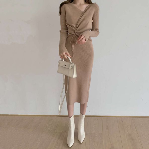 

casual dresses dress women clothes slim fit with underlay sweater skirt autumn winter over knee long sleeve v-neck drawstring knitted rka3, Black;gray