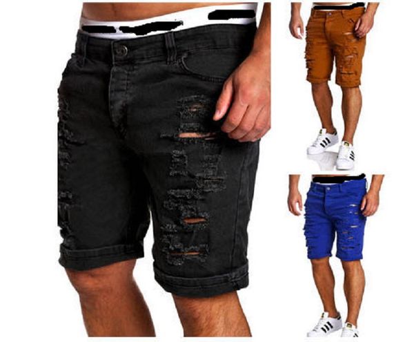 Moda rasgado buraco denim shorts homens preto branco magro em linha reta casual jeans curto masculino vintage cintura baixa