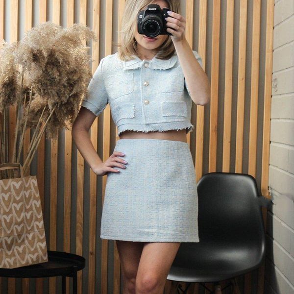 

korean japanese style summer 2 women dress piece set short woolen tweed jacket coat amp bodycon mini skirt two, White