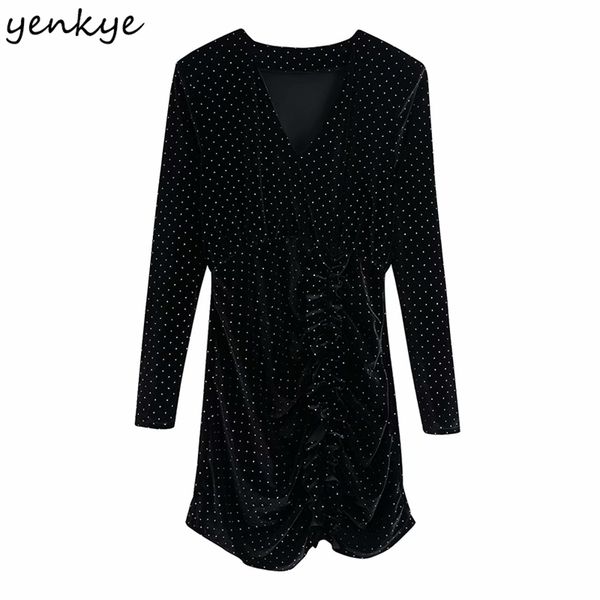 

fashion women sweet ruffle vintage velvet dress long sleeve v neck bodycon mini winter party vestido 210514, Black;gray