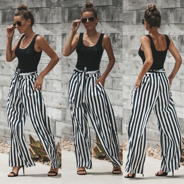 

women's pants & capris ly summer fashion casual women ladies wide leg long high waist loose striped include sashes, Black;white