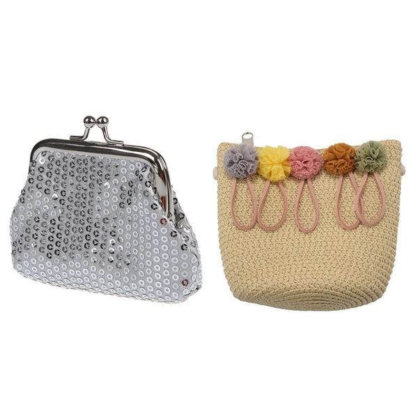 

evening bags women's sequins coin purse buckle mini wallet(silver) & girls shoulder bag straw rattan weave crossbody bag(beige)