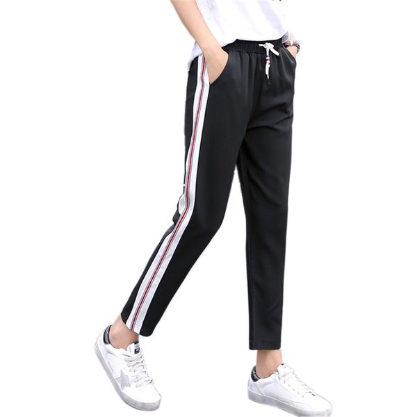 

arrival side striped harem pants women elastic high waist sweatpants joggers women black casual pants trousers women 210518, Black;white