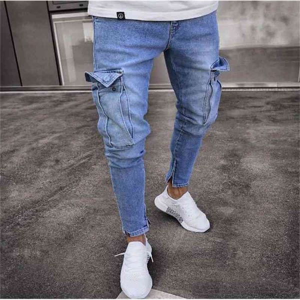 

2c8k men's fashion vintage ripped poket jeans super ny slim fit zipper denim pant destroyed frayed trousers cartoon gothic style pants, Blue