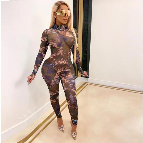 

women's jumpsuits & rompers felyn 2021 arrival print o-neck long sleeve thin club bodycon, Black;white