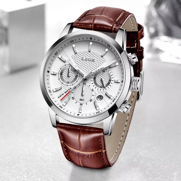 

wristwatches watches mens 2021 lige casual leather quartz men's watch business clock male sport waterproof date chronograph, Slivery;brown