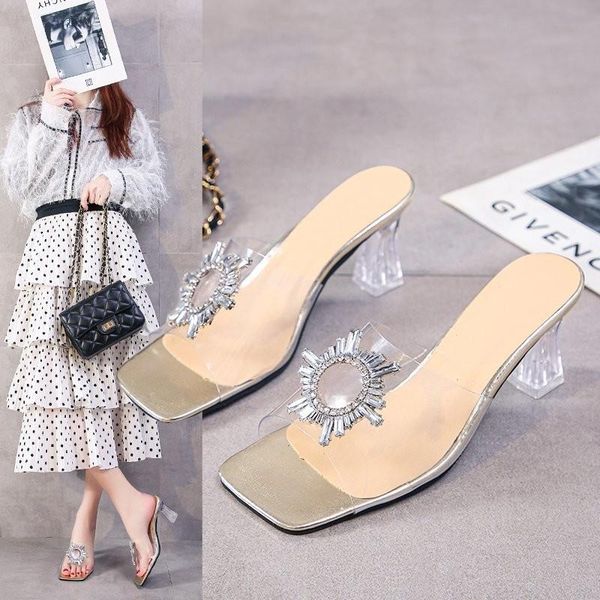 

sandals transparent high heels women square toe summer shoes woman clear pumps wedding jelly buty damskie slippers, Black