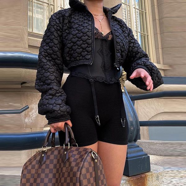 

women's jackets winter women fashion temperament street hipster personality full print love short cotton jacket, Black;brown