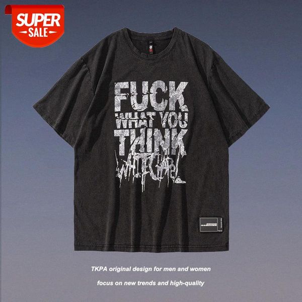 

summer round neck loose casual short-sleeved t-shirt men and women national ins letter printing wash couple #uh0i, White;black