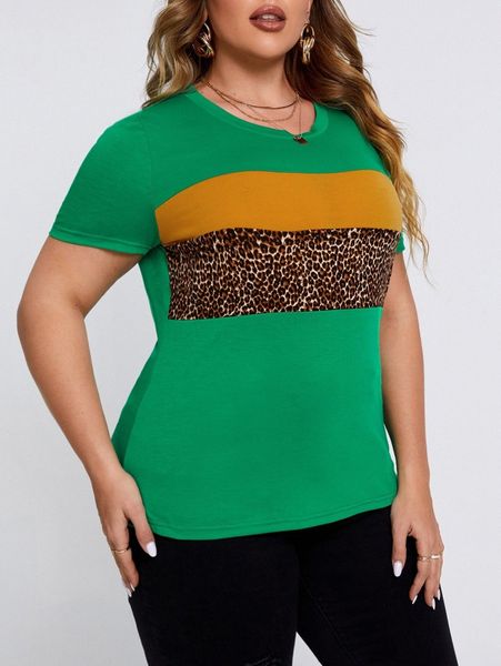 

plus leopard print colorblock tee c2fl#, Black