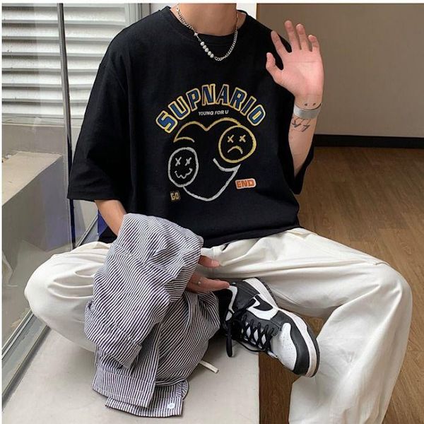 

summer printed t-shirt loose half-sleeved letter black white short sleeve male clothes thin harajuku streetwear men's t-shirts, White;black