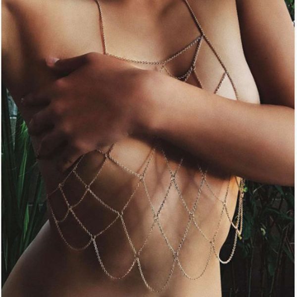 

body chain multi layer bikini chain creative tassel mesh body necklace, Silver