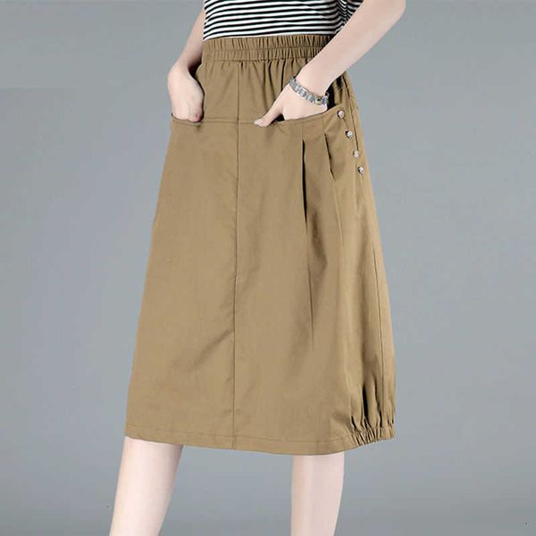 

skirts women casual spring summer korean style solid elegant high waist pocket a-line knee length skirt plus size kzxk, Black