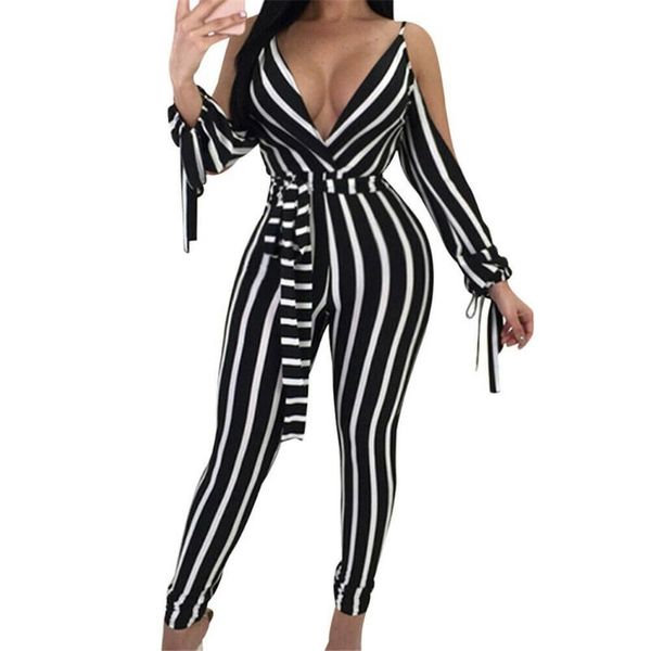 

women's jumpsuits & rompers 1pc women fashion deep v neck striped jumpsuit sleeve strap slim bodycon stripe romper trousers clubwear, Black;white