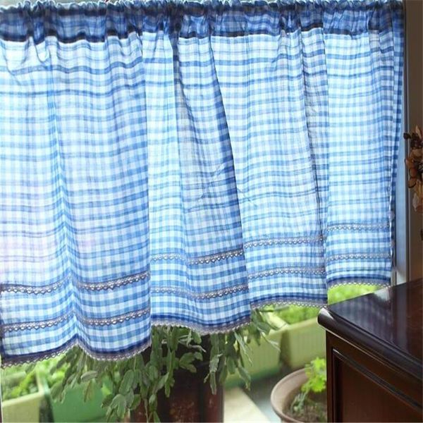 

curtain & drapes pastoral grid half blue coffee closet kitchen short small home window decoration