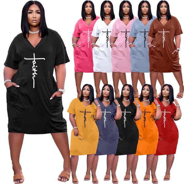 

summer faith dresses women plus size 3xl bodycon dress short sleeve v neck skirt with pockets casual black loose midi skirts wholesale cloth, Black;gray