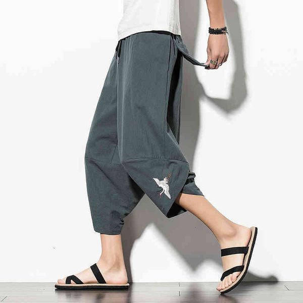 

pant streetwear men harem japanese style casual cotton linen trouser man jogger calf length baggy pants plus size 5xl, Black