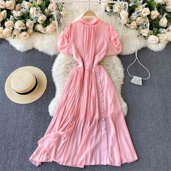 

women fashion retro a-line dress round neck short sleeve pleated thin pure elegant vintage clothes vestidos r335 210527, Black;gray