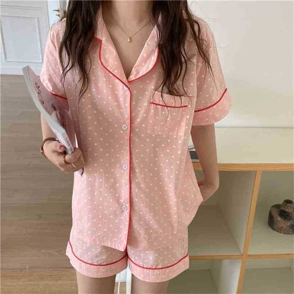 

cotton homewear printed hearts all match gentle summer casual loose two piece pajamas sets 210525, White