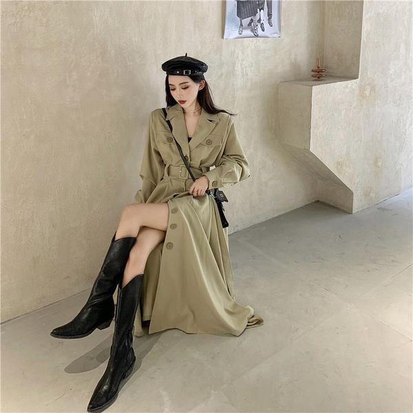 

women's trench coats british fashion long women autumn winter sleeve elegant windbreaker belt waisted classic khaki black, Tan;black