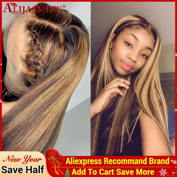 

ombre brown #4 27 honey blonde highlighted wigs for women hd transparent lace wig 13x6 lace front human hair wigs 150 density, Black;brown