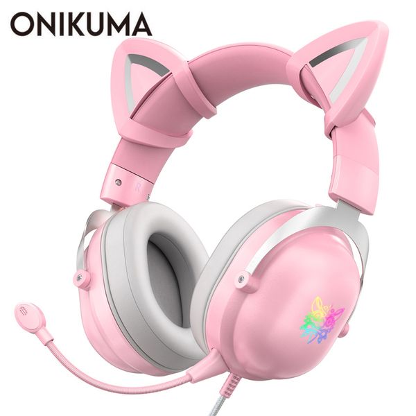 ONIKUMA PS4 Cat Ear Headset Casque Kabelgebundener Stereo-PC-Gaming-Kopfhörer mit Mikrofon-LED-Licht für PS4/Xbox One Controller/Laptop