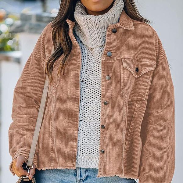 

women's jackets women corduroy jacket coat autumn casual lapel long sleeve single-breasted blouse pockets outerwear chic shirt for fema, Black;brown
