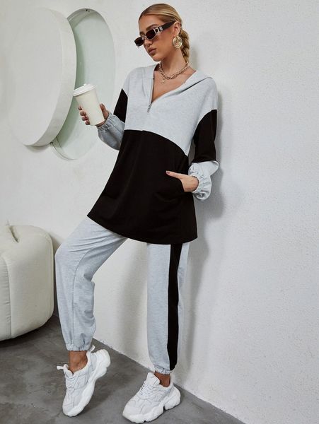 

contrast panel half zip hoodie with sweatpants f0tw#, White