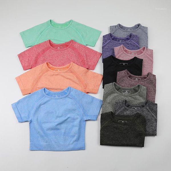 

yoga outfit cropped seamless shirt women short sleeve running t-shirts workout soft nylon fitness crop gym clothes sportswear