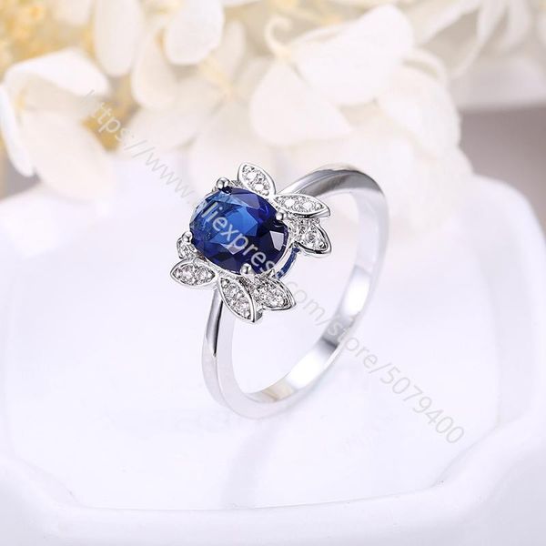 

wedding rings blue sapphires cz engagement ring zirconia stone solid white gold-plated bridal promise jewelry, Slivery;golden