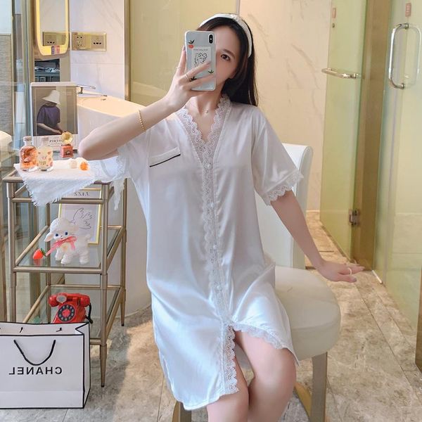 

women's sleepwear summer women lace nightgown silk lingerie 2021 v-neck loose white sleeping dress for woman sleepshirts simple, Black;red