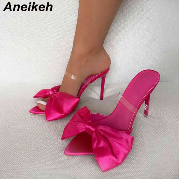 

aneikeh fashion silk butterfly-knot patchwork pvc shallow new 2021 summer head peep toe stiletto high heels sandalias mujer y0427, Black