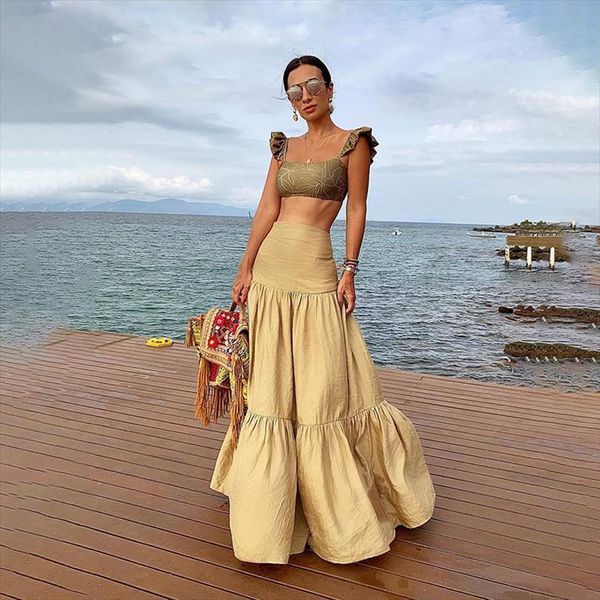 

retro ruffles maxi solid temperament womens skirt high waist all match fashion cotton linen long khaki, Black