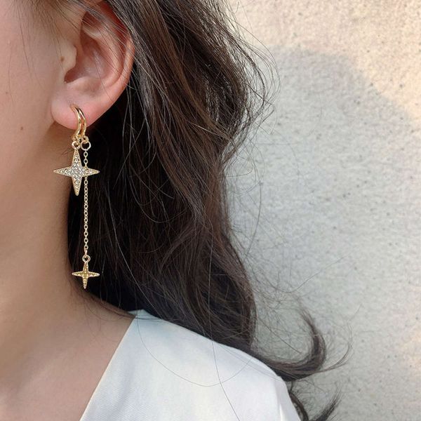 

s925 silver needle new four star long tassel feminine temperament simple cool style earrings, Black