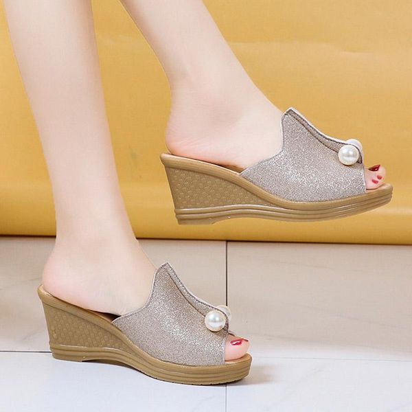 

slippers 2021 summer women open toe wedges slipper bead high heels beach shoes ladies slides platform sandals 8021c, Black