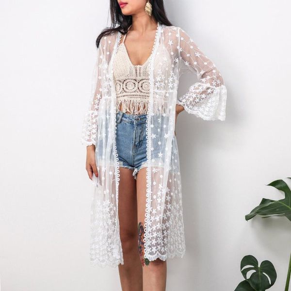 

embroidery bikini blouse flare sleeve women summer 2021 fashion casual boho sweet beachwear cardigan lace white long kimono women's swi, White;black