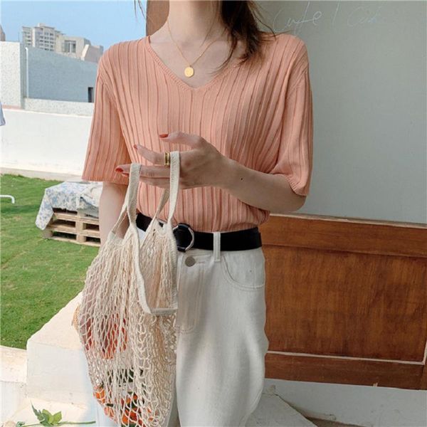 

women's t-shirt v neck short sleeve knitted thin t-shirts cute candy color soft loose knitwear tee wdc002, White