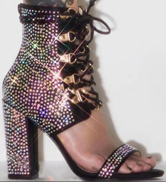 

woman 2021 black rhinestones chunky heel lace up high sandal crystal real pos large size 43 sandals