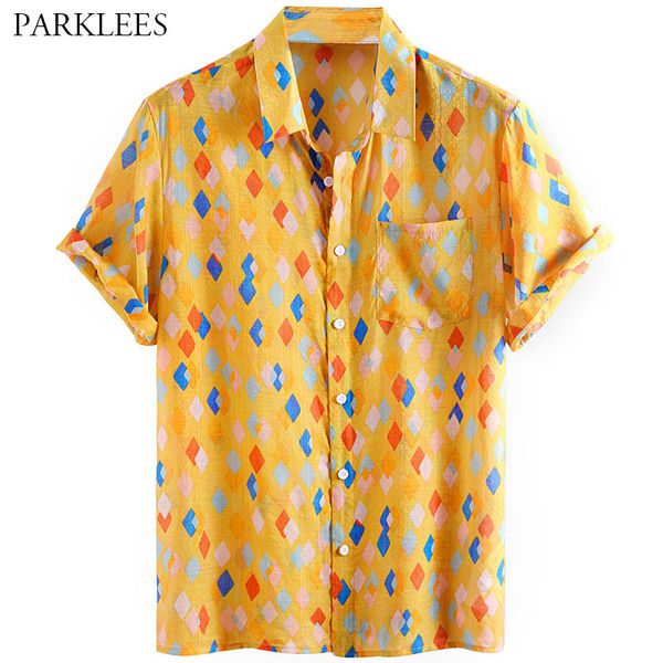 Camicie stampate colorate a piccolo cubo per uomo Moda casual Chemise Homme Camicia a maniche corte da uomo estiva da spiaggia hawaiana 210524